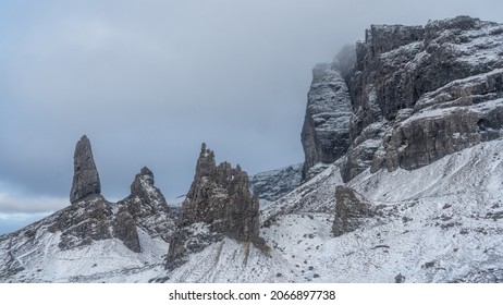 Winter at The Old Man Of Storr in the Snow on the Isle of Skye in the Scottish Highlands. United Kingdom. 