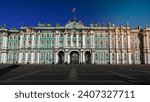 The Winter Palace, a Baroque style palace and official residence of the House of Romanov from 1732 to 1917, the facade with a flag flying.