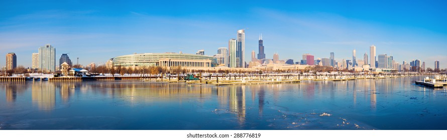 Winter panorama of Chicago from frozen marina. Chicago, Illinois, USA.
