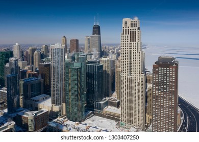 Winter Panorama Of Chicago. Polar Vortex.