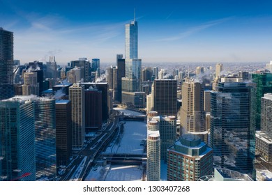 Winter Panorama Of Chicago. Polar Vortex.