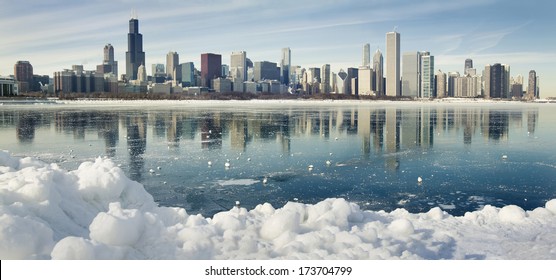 Winter Panorama Of Frozen Chicago.