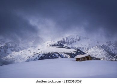 Winter Panorama, And Isolated Chalet In The Snow,Mountains Pyrenees, Winter Scene, France, Ariege. High Quality Photo