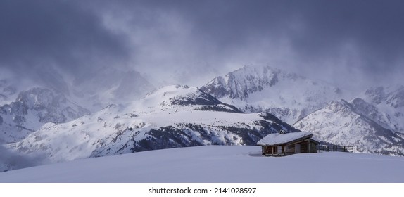 Winter Panorama, And Isolated Chalet In The Snow,Mountains Pyrenees, Winter Scene, France, Ariege