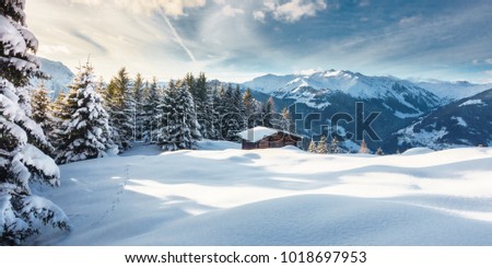 Winter panorama with ski hut in the snow