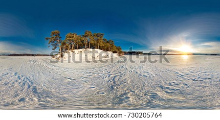 Winter panorama in the snow-covered forest near the river in nice sunny evening. Full spherical 360 by 180 degrees seamless panorama in equirectangular projection. Skybox for Virtual reality content