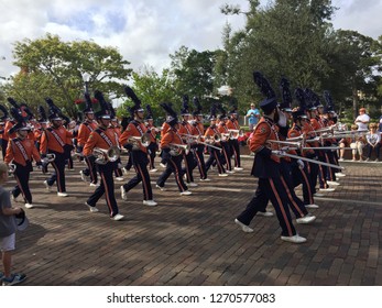 Winter Park, Florida - Dec 28, 2018: Syracuse Orange Marching Band Plays Down Park Avenue In The Battle Of The Bands Prior To Their 2018 Bowl Game Appearance