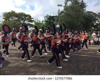 Winter Park, Florida - Dec 28, 2018: Syracuse Orange Marching Band Plays Down Park Avenue In The Battle Of The Bands Prior To Their 2018 Bowl Game Appearance