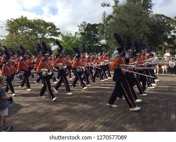 Winter Park, Florida - Dec 28, 2018: Syracuse Orange Marching Band Plays Down Park Avenue In The Battle Of The Bands Prior To Their 2018 Bowl Game Appearance