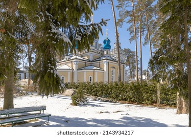 Winter park overlooking Temple of the Kazan Icon of the Mother of God. Jurmala, Latvia
