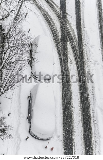 winter, Parked cars and vehicles covered in\
snow on a parking lot in the residential area during winter\
snowfall. high angle of parked cars under\
snow