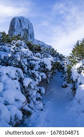 Winter Path On Snowy Mountain, Snow Covered Pine In Romanian Carpathians.