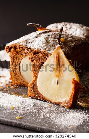 Similar – Foto Bild Geschnittener Birnenkuchen auf einem Küchentuch über der Aussicht