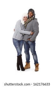 Winter Photo Of Happy Mixed Race Couple At Wintertime.