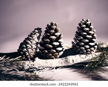 Winter pine cones and Christmas tree on white background medium shot selective focus - Powered by Shutterstock