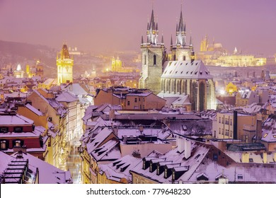 Winter in Prague - city panorama with Tyn Cathedral and Clock Tower. Prague, Bohemia, Czech Republic. - Shutterstock ID 779648230