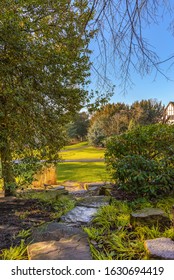 Winter In Public Gardens In York.  A Path Of Stepping Stones Lead Down To A Lawn With A Path Passing Through. A Blue Sky Is Above.