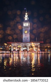 Winter Rain At San Francisco Ferry Building With Light Reflections And Raindrop Lens Flare Lighting Effect