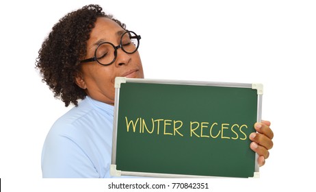 Winter Recess Chalkboard Sign Woman Holding Eyes Closed Smile White Background