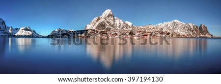 Similar – Image, Stock Photo Reinevagen-gulf + Reinehalsen-isthmus + Reinebringen-mount. 0341