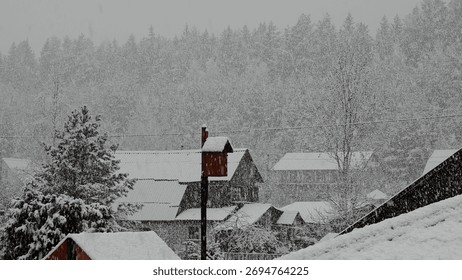 Winter returned in the middle of spring. It is snowing heavily with large snowflakes. Snow lies on the branches of trees, roofs of houses and on the birdhouse. Abnormal weather with precipitation