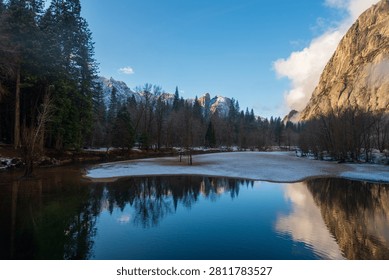 Winter River Reflection of Granite Cliffs in Yosemite Valley