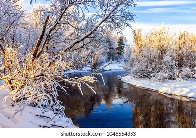 Winter River Scene. Snowy Forest Water