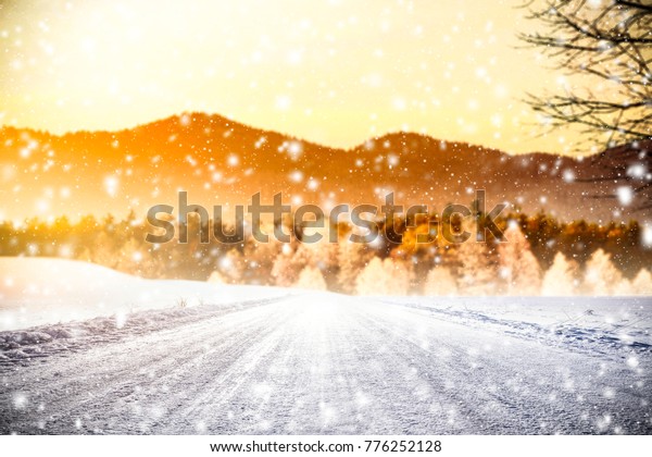 Winter road background and snow decoration. Free space\
for your product. 
