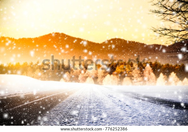 Winter road background and snow decoration. Free space\
for your product. 