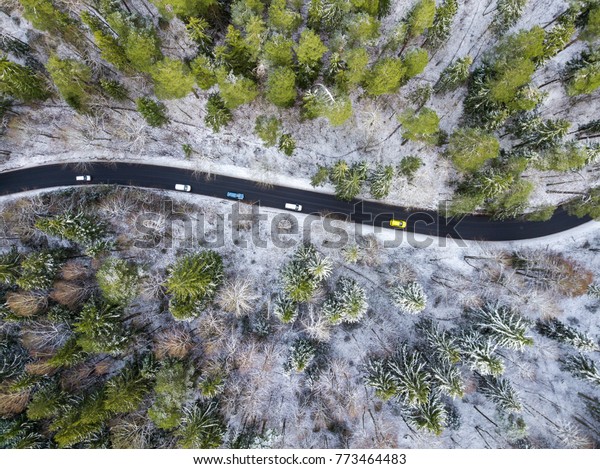 Winter road in\
forest with cars taken from drone\
