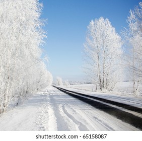 Winter Road On A Sunny Frosty Day