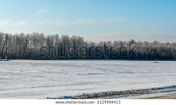 Winter road and power poles with wires. A lot\
of snow in the field. Asphalt road and agriculture field with snow.\
Winter time. Space for\
text.