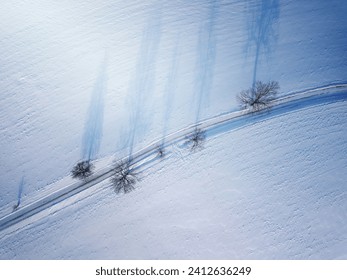 winter road in snow covered fields, top down aerial view, landscape covered by snow and trees with morning shadow. Simplicity concept landscape