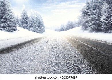 Winter Road And Snow With Frost 