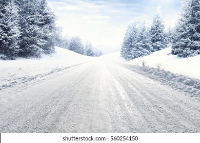 Winter Road And Snow With Landscape Of Trees With Frost 