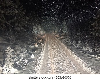 Winter Road In Sweden At Night.