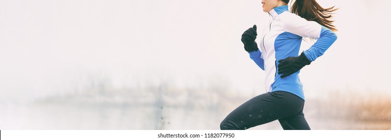 Winter Running Woman Banner Jogging In Cold Weather Clothing White Snow Background For Copy Space.