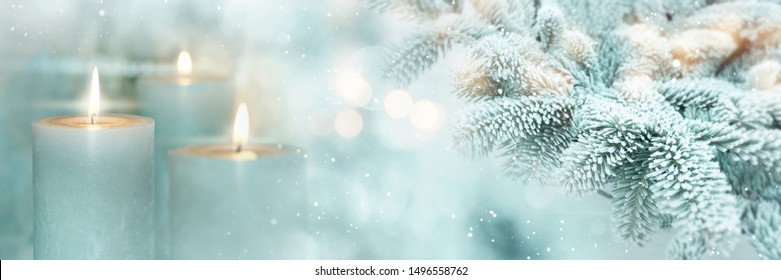 Winter Scene Background For Christmas With Burning Candles And Fir Branches 