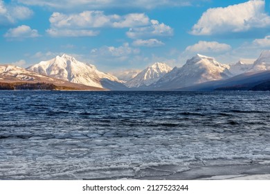 Winter Scene Of Lake McDonald, Glacier National Park, Montana With Floating Ice In Foreground