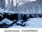 Winter scenery of beautiful Choshi Otaki 銚子大滝 Waterfall, which flows over a rocky cliff into Oirase Stream, with forests and rocks covered by snow, in Towada Hachimantai National Park, Aomori, Japan