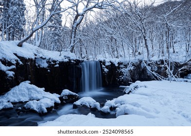 Winter scenery of beautiful Choshi Otaki 銚子大滝 Waterfall, which flows over a rocky cliff into Oirase Stream, with forests and rocks covered by snow, in Towada Hachimantai National Park, Aomori, Japan - Powered by Shutterstock