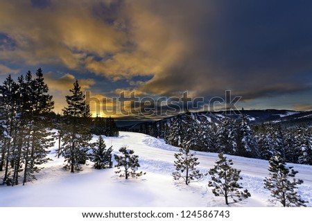 Winter scenery, at sunrise in Big Sky, Montana, near Yellowstone National Park