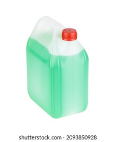 Winter Screen Wash Liquid Can Isolated On White Background. Green Antifreeze Bottle Cut Out.
