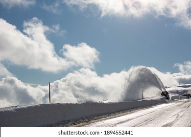 Winter Service Vehicle In Action On The Dolomites, Big Snowfalls In Italy, Jan 2021