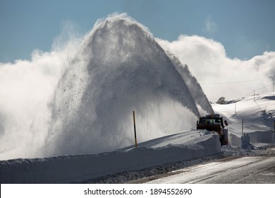 Winter Service Vehicle In Action On The Dolomites, Big Snowfalls In Italy, Jan 2021