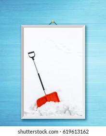 Winter Shoveling With Traces. Removing Snow After Blizzard. Shovel Which Cleaning Snow. Photo Frame On Wooden Rustic Wall.