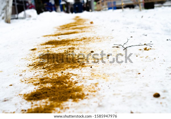 The winter\
sidewalk is sprinkled with sand. Ice, injury. Sand in the snow.\
Sand in the macro on the snow.\
Safety