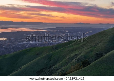 Winter Silicon Valley views in the magic hour. Mission Peak Regional Preserve, Alameda County, California, USA.