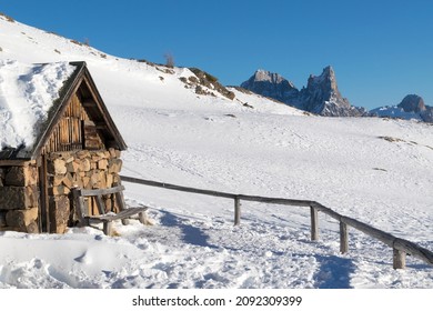 Winter Ski Chalet Snow Covered In The Alps, Snowy Landscape In Dolomites Of Trentino During Ski Season