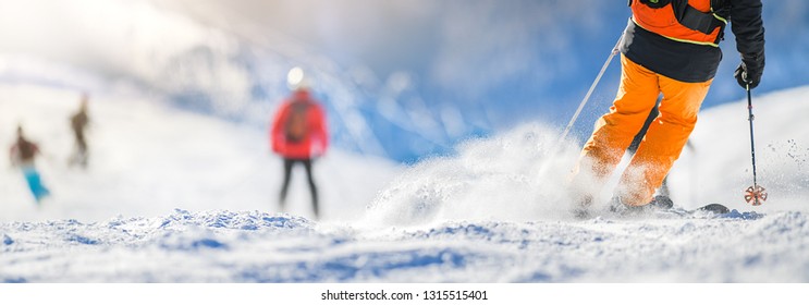 Winter Ski Sport Activities In Sunny Day. Skier Detail Panorama Or Banner. Copy Space Concept. 